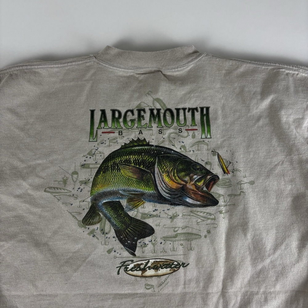Vintage Fishing T-shirt Mens 2XL Short‎ Sleeve Mouth Fresh Water Ontario Beige